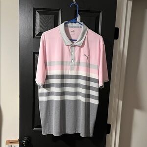 Puma Men's Polo in Pink and Gray Stripes